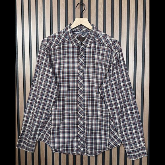 prAna Shirt Large Mens Brown Check Plaid Long Sleeve Western Organic Cotton - Picture 1 of 8